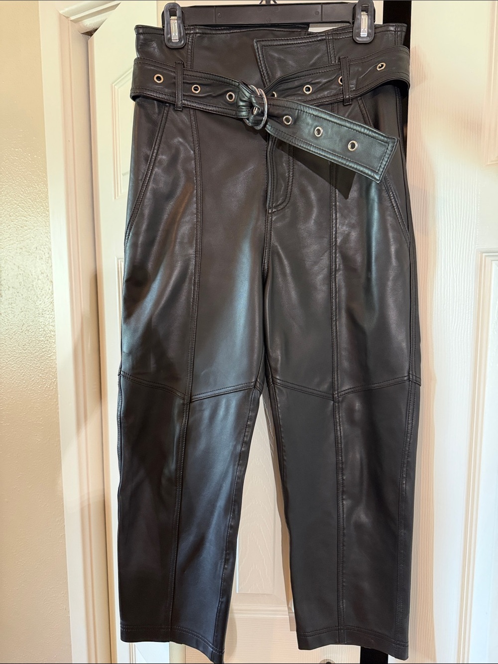 Black Genuin Leather Belted Pants